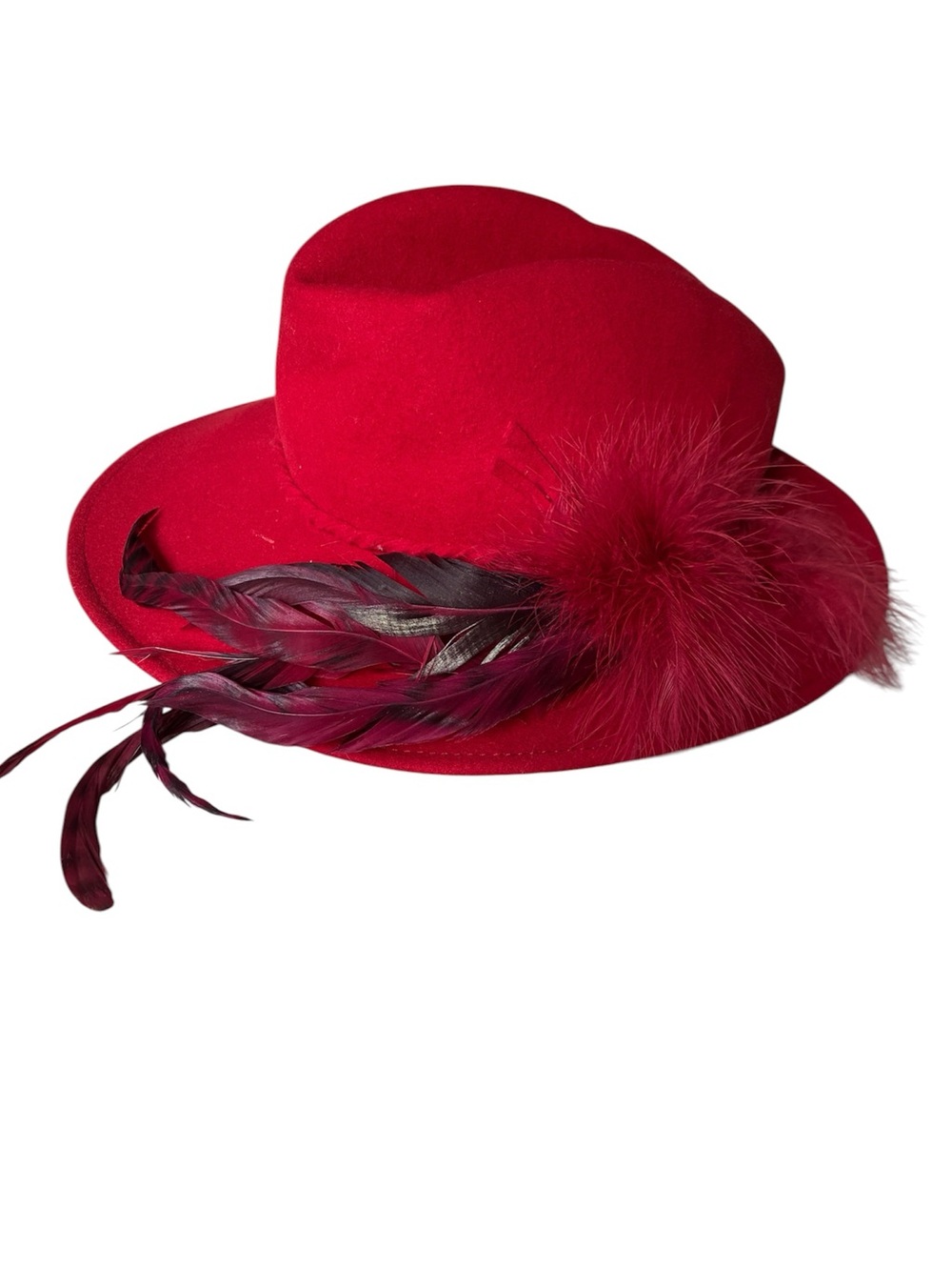 Bollman Women's Vintage Red Doeskin Felt Wool Feather Fedora Hat